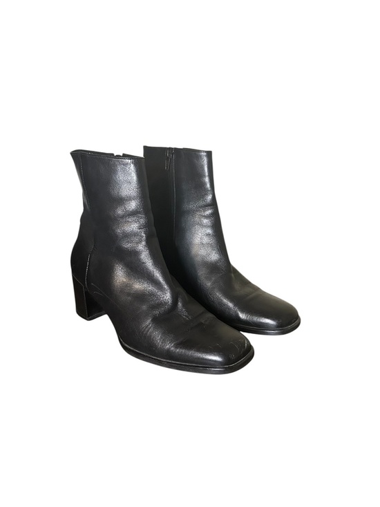 Shoes - Black Leather Ankle Boots Block Heel Zip Closure Size 37